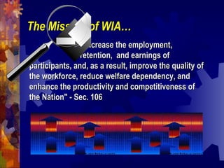 The Mission of WIA…
“…“…increase the employment,increase the employment,
retention, and earnings ofretention, and earnings of
participants, and, as a result, improve the quality ofparticipants, and, as a result, improve the quality of
the workforce, reduce welfare dependency, andthe workforce, reduce welfare dependency, and
enhance the productivity and competitiveness ofenhance the productivity and competitiveness of
the Nation" - Sec. 106the Nation" - Sec. 106
 
