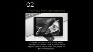 It’s illegal to drive on any public road in
Canada if you do not have auto insurance
for your vehicle. Other than that, there are
few more reasons.
The Need For Auto Insurance
02
 