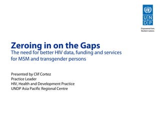 Zeroing in on the Gaps
The need for better HIV data, funding and services
for MSM and transgender persons
Presented by Clif Cortez
Practice Leader
HIV, Health and Development Practice
UNDP Asia Pacific Regional Centre
 