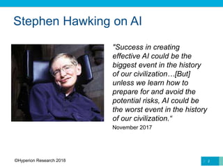 Stephen Hawking on AI
"Success in creating
effective AI could be the
biggest event in the history
of our civilization…[But]
unless we learn how to
prepare for and avoid the
potential risks, AI could be
the worst event in the history
of our civilization.“
November 2017
2©Hyperion Research 2018
 