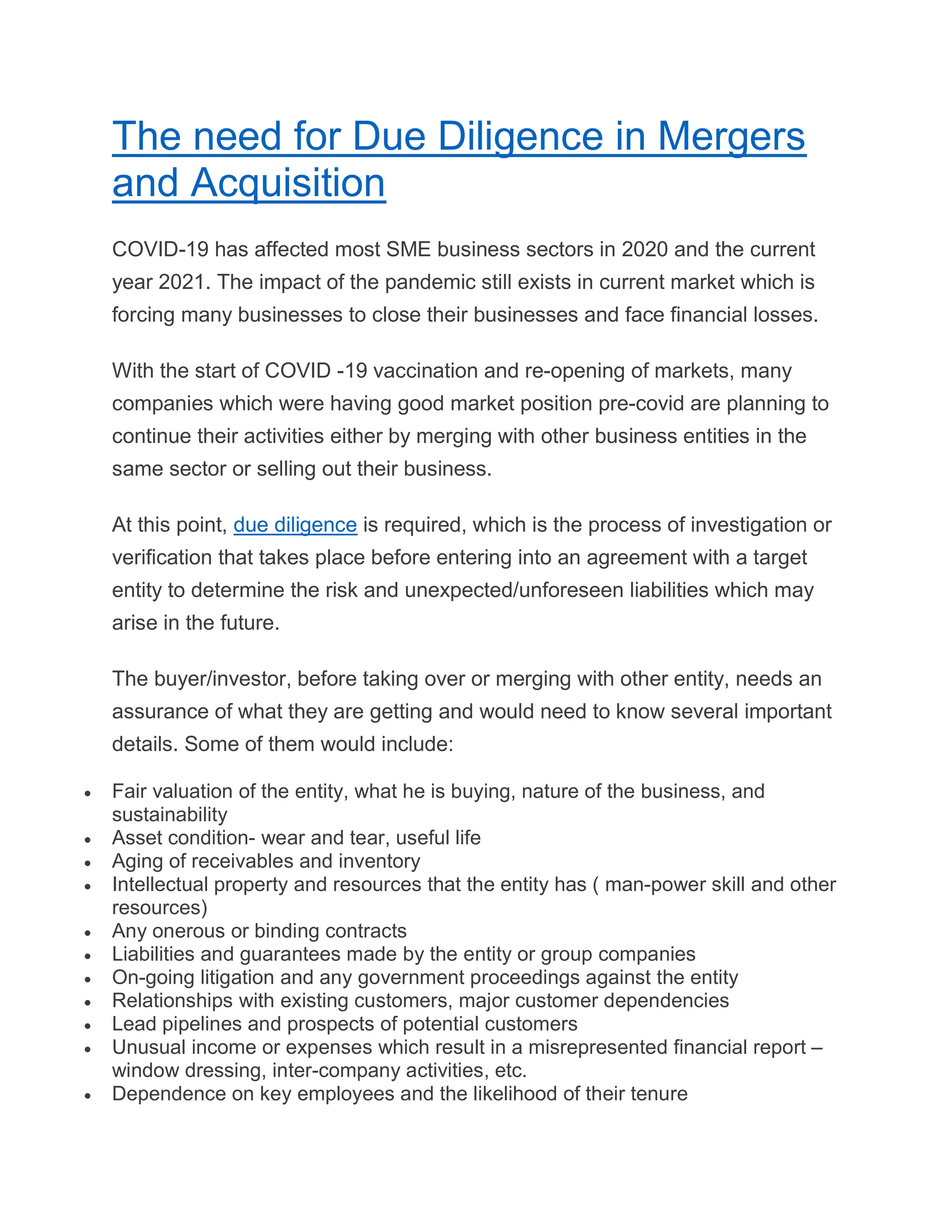 The need for Due Diligence in Mergers and Acquisition.pdf