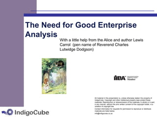The Need for Good Enterprise
Analysis

With a little help from the Alice and author Lewis
Carrol (pen name of Reverend Charles
Lutwidge Dodgson)
Robin Grace

Principal Consultant
Business Analysis Practice

All material in this presentation is, unless otherwise stated, the property of
IndigoCube. Copyright and other intellectual property laws protect these
materials. Reproduction or retransmission of the materials, in whole or in part,
in any manner, without the prior written consent of the copyright holder, is a
violation of copyright law.
Contact information for requests for permission to reproduce or distribute
materials are listed below:
info@indigocube.co.za

 
