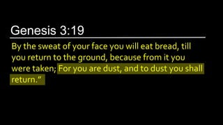 By the sweat of your face you will eat bread, till
you return to the ground, because from it you
were taken; For you are dust, and to dust you shall
return.”
Genesis 3:19
 