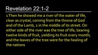 1Then he showed me a river of the water of life,
clear as crystal, coming from the throne of God
and of the Lamb, 2 in the middle of its street. On
either side of the river was the tree of life, bearing
twelve kinds of fruit, yielding its fruit every month;
and the leaves of the tree were for the healing of
the nations
Revelation 22:1-2
 
