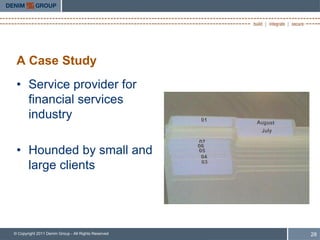 A Case Study
 • Service provider for
   financial services
   industry

 • Hounded by small and
   large clients




© Copyright 2011 Denim Group - All Rights Reserved   28
 