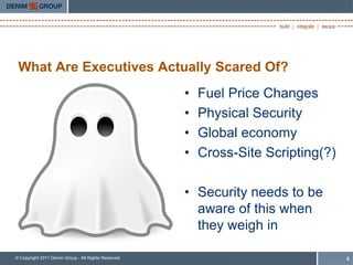 What Are Executives Actually Scared Of?
                                                     •   Fuel Price Changes
                                                     •   Physical Security
                                                     •   Global economy
                                                     •   Cross-Site Scripting(?)

                                                     • Security needs to be
                                                       aware of this when
                                                       they weigh in

© Copyright 2011 Denim Group - All Rights Reserved                                 4
 