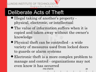 Transfo rm ing Live s. Inve nting the Future .
www.iit.edu
ITM 478/578 28
ILLINOIS INSTITUTE OF TECHNOLOGY
Deliberate Acts of Theft
 Illegal taking of another’s property -
physical, electronic, or intellectual
 The value of information suffers when it is
copied and taken away without the owner’s
knowledge
 Physical theft can be controlled - a wide
variety of measures used from locked doors
to guards or alarm systems
 Electronic theft is a more complex problem to
manage and control - organizations may not
even know it has occurred
 