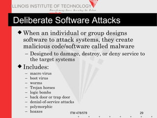 Transfo rm ing Live s. Inve nting the Future .
www.iit.edu
ITM 478/578 29
ILLINOIS INSTITUTE OF TECHNOLOGY
Deliberate Software Attacks
 When an individual or group designs
software to attack systems, they create
malicious code/software called malware
– Designed to damage, destroy, or deny service to
the target systems
 Includes:
– macro virus
– boot virus
– worms
– Trojan horses
– logic bombs
– back door or trap door
– denial-of-service attacks
– polymorphic
– hoaxes
 