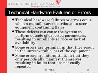 Transfo rm ing Live s. Inve nting the Future .
www.iit.edu
ITM 478/578 35
ILLINOIS INSTITUTE OF TECHNOLOGY
Technical Hardware Failures or Errors
 Technical hardware failures or errors occur
when a manufacturer distributes to users
equipment containing flaws
 These defects can cause the system to
perform outside of expected parameters,
resulting in unreliable service or lack of
availability
 Some errors are terminal, in that they result
in the unrecoverable loss of the equipment
 Some errors are intermittent, in that they
only periodically manifest themselves,
resulting in faults that are not easily
repeated
 