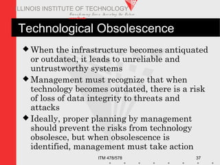 Transfo rm ing Live s. Inve nting the Future .
www.iit.edu
ITM 478/578 37
ILLINOIS INSTITUTE OF TECHNOLOGY
Technological Obsolescence
 When the infrastructure becomes antiquated
or outdated, it leads to unreliable and
untrustworthy systems
 Management must recognize that when
technology becomes outdated, there is a risk
of loss of data integrity to threats and
attacks
 Ideally, proper planning by management
should prevent the risks from technology
obsolesce, but when obsolescence is
identified, management must take action
 