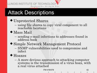Transfo rm ing Live s. Inve nting the Future .
www.iit.edu
ITM 478/578 42
ILLINOIS INSTITUTE OF TECHNOLOGY
Attack Descriptions
 Unprotected Shares
– using file shares to copy viral component to all
reachable locations
 Mass Mail
– sending e-mail infections to addresses found in
address book
 Simple Network Management Protocol
– SNMP vulnerabilities used to compromise and
infect
 Hoaxes
– A more devious approach to attacking computer
systems is the transmission of a virus hoax, with
a real virus attached
 