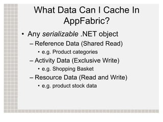 What Data Can I Cache In
         AppFabric?
• Any serializable .NET object
  – Reference Data (Shared Read)
     • e.g. P...