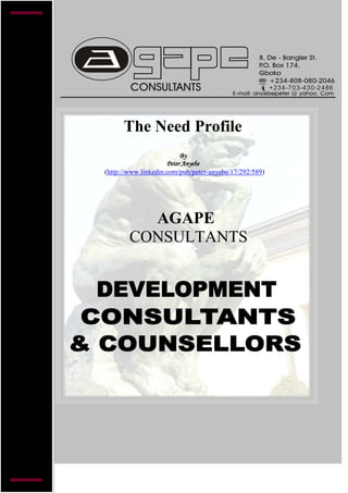   The Need Profile By Peter Anyebe (http://www.linkedin.com/pub/peter-anyebe/17/292/589)                                                                                   AGAPE                  CONSULTANTS                                                The Need Profile We have identified the following three, 3 types of Value: ,[object Object]