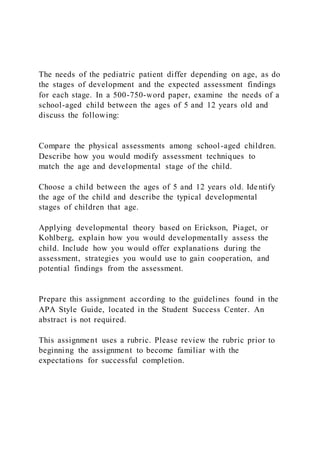 The needs of the pediatric patient differ depending on age, as do
the stages of development and the expected assessment findings
for each stage. In a 500-750-word paper, examine the needs of a
school-aged child between the ages of 5 and 12 years old and
discuss the following:
Compare the physical assessments among school-aged children.
Describe how you would modify assessment techniques to
match the age and developmental stage of the child.
Choose a child between the ages of 5 and 12 years old. Identify
the age of the child and describe the typical developmental
stages of children that age.
Applying developmental theory based on Erickson, Piaget, or
Kohlberg, explain how you would developmentally assess the
child. Include how you would offer explanations during the
assessment, strategies you would use to gain cooperation, and
potential findings from the assessment.
Prepare this assignment according to the guidelines found in the
APA Style Guide, located in the Student Success Center. An
abstract is not required.
This assignment uses a rubric. Please review the rubric prior to
beginning the assignment to become familiar with the
expectations for successful completion.
 