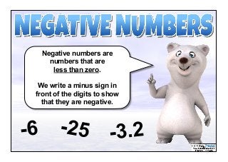 Negative numbers are
numbers that are
less than zero.
We write a minus sign in
front of the digits to show
that they are negative.
 
