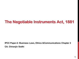 The Negotiable Instruments Act, 1881
IPCC Paper-2: Business Laws, Ethics &Communications Chapter 2
CA. Chiranjiv Sodhi
1
 