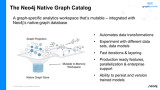 © 2022 Neo4j, Inc. All rights reserved.
The Neo4j Native Graph Catalog
• Automates data transformations
• Experiment with different data
sets, data models
• Fast iterations & layering
• Production ready features,
parallelization & enterprise
support
• Ability to persist and version
trained models
A graph-specific analytics workspace that’s mutable – integrated with
Neo4j’s native-graph database
Mutable In-Memory
Workspace
Graph Projection
Native Graph Store
 