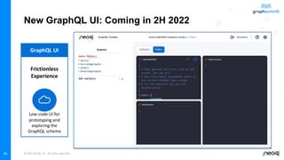 © 2022 Neo4j, Inc. All rights reserved.
New GraphQL UI: Coming in 2H 2022
GraphQL UI
Frictionless
Experience
Low-code UI for
prototyping and
exploring the
GraphQL schema
46
 