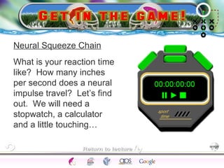 Neural Squeeze Chain What is your reaction time like?  How many inches per second does a neural impulse travel?  Let’s find out.  We will need a stopwatch, a calculator and a little touching… 