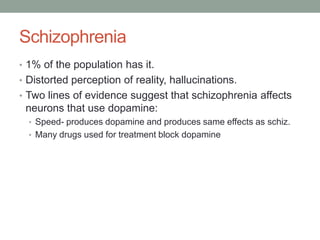 Schizophrenia
• 1% of the population has it.
• Distorted perception of reality, hallucinations.
• Two lines of evidence suggest that schizophrenia affects
 neurons that use dopamine:
  • Speed- produces dopamine and produces same effects as schiz.
  • Many drugs used for treatment block dopamine
 