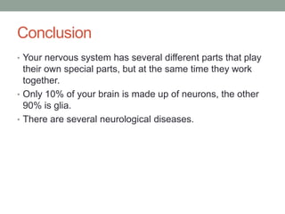Conclusion
• Your nervous system has several different parts that play
  their own special parts, but at the same time they work
  together.
• Only 10% of your brain is made up of neurons, the other
  90% is glia.
• There are several neurological diseases.
 