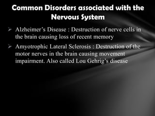  Alzheimer’s Disease : Destruction of nerve cells in
the brain causing loss of recent memory
 Amyotrophic Lateral Sclerosis : Destruction of the
motor nerves in the brain causing movement
impairment. Also called Lou Gehrig’s disease
Common Disorders associated with the
Nervous System
 