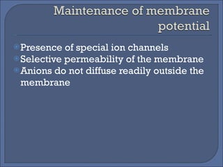Presence of special ion channels  Selective permeability of the membrane Anions do not diffuse readily outside the membrane 