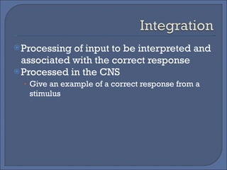 Processing of input to be interpreted and associated with the correct response Processed in the CNS Give an example of a correct response from a stimulus 