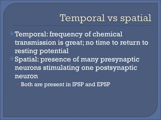 Temporal: frequency of chemical transmission is great; no time to return to resting potential Spatial: presence of many presynaptic neurons stimulating one postsynaptic neuron Both are present in IPSP and EPSP 