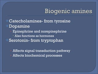 Catecholamines- from tyrosine Dopamine  Epinephrine and norepinephrine Also functions as hormones  Serotonin- from tryptophan Affects signal transduction pathway Affects biochemical processes 