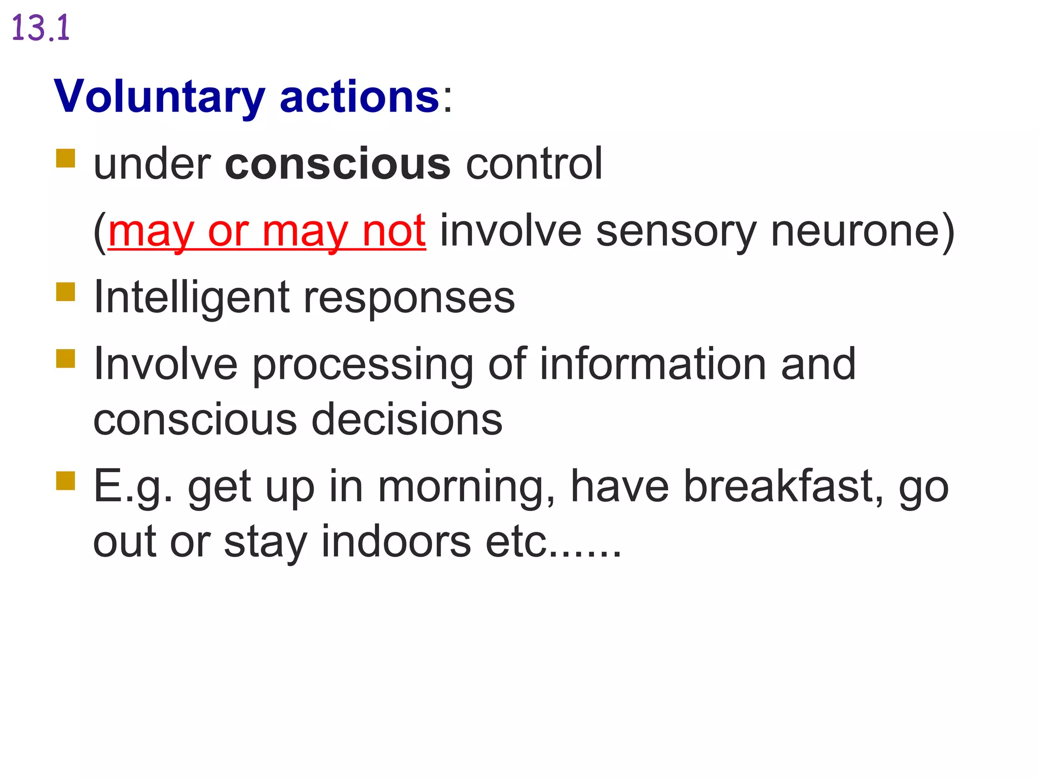 Voluntary actions:
 under conscious control
(may or may not involve sensory neurone)
 Intelligent responses
 Involve processing of information and
conscious decisions
 E.g. get up in morning, have breakfast, go
out or stay indoors etc......
13.1
 