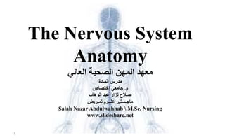 The Nervous System
Anatomy
‫العالي‬ ‫الصحية‬ ‫المهن‬ ‫معهد‬
‫م‬‫المادة‬ ‫درس‬
‫م‬.‫إختصاص‬ ‫جامعي‬
‫الوهاب‬ ‫عبد‬ ‫نزار‬ ‫صـالح‬
‫تمـريض‬ ‫علــوم‬ ‫ماجـستير‬
Salah Nazar Abdulwahhab  M.Sc. Nursing
www.slideshare.net
1
 