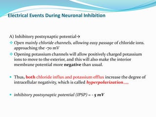 Electrical Events During Neuronal Inhibition
A) Inhibitory postsynaptic potential→
 Open mainly chloride channels, allowing easy passage of chloride ions.
approaching the -70 mV
 Opening potassium channels will allow positively charged potassium
ions to move to the exterior, and this will also make the interior
membrane potential more negative than usual.
 Thus, both chloride influx and potassium efflux increase the degree of
intracellular negativity, which is called hyperpolarization.,,,,
 inhibitory postsynaptic potential (IPSP) = - 5 mV
 