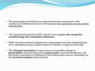  The presynaptic terminal has two internal structures important to the
excitatory or inhibitory function of the synapse the transmitter vesicles and the
mitochondria.
 The mitochondria provide (ATP), which in turn supplies the energy for
synethesizing new transmitter substance.
 When an action potential spreads over a presynaptic terminal, depolarization
of its membrane causes a small number of vesicles to empty into the cleft.
 The released transmitter in turn causes an immediate change in
permeability characteristics of the postsynaptic neuronal membrane, and
this leads to excitation or inhibition of the postsynaptic neuron, depending on
the neuronal receptor characteristics
 