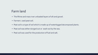 Farm land
▪ The Rhine and mass river unloaded layers of silt and gravel.
▪ Farmers used peat soil.
▪ Peat soil is a type of soil which is made up of waterlogged decomposed plants.
▪ Peat soil was either dunged out or wash out by the sea.
▪ Peat soil was used for the production of fuel and salt.
 