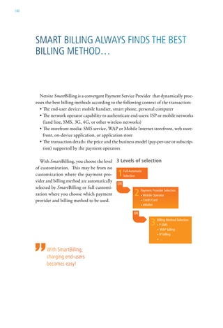 140




      sMart Billing always Finds the Best
      Billing Method…



        Netsize SmartBilling is a convergent Payment Service Provider that dynamically proc-
      esses the best billing methods according to the following context of the transaction:
        • The end-user device: mobile handset, smart phone, personal computer
        • The network operator capability to authenticate end-users: ISP or mobile networks
          (land line, SMS, 3G, 4G, or other wireless networks)
        • The storefront media: SMS service, WAP or Mobile Internet storefront, web store-
          front, on-device application, or application store
        • The transaction details: the price and the business model (pay-per-use or subscrip-
          tion) supported by the payment operators

         With SmartBilling, you choose the level
      of customization. This may be from no
      customization where the payment pro-
      vider and billing method are automatically
      selected by SmartBilling or full customi-
      zation where you choose which payment
      provider and billing method to be used.




            with smartBilling,
            charging end-users
            becomes easy!
 