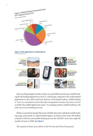 70




     Figure 3: nFC applications in mobile phones
     source: nXP semiconductors




        However, Berg Insight reminds us there are stark differences between mobile bank-
     ing for the banked population in the U.S. and Europe compared to the under-banked
     populations in Asia, Africa and Latin America. In developed markets, mobile banking
     is “seen as a convenience service that does not generate revenues, but more a service
     to build value-added applications upon.” In emerging markets mobile banking is the
     only way to access banking services.

       Market research firm Juniper Research is bullish about the outlook for mobile bank-
     ing usage, particularly in under-banked regions. It predicts more than 150 million
     customers will have used mobile banking services by end-2011, more than triple the
     number of users in 2008. See Figure 2

         The majority of these users will be in the Far East and China (41 percent).
 