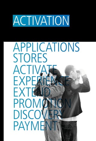 activation

ApplicAtions
stores
ActivAte
ExpEriEncE
ExtEnd
Promotion
Discovery
Payment
 