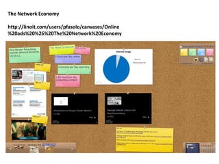 The Network Economy

http://linoit.com/users/pfasolo/canvases/Online
%20ads%20%26%20The%20Network%20Economy
 