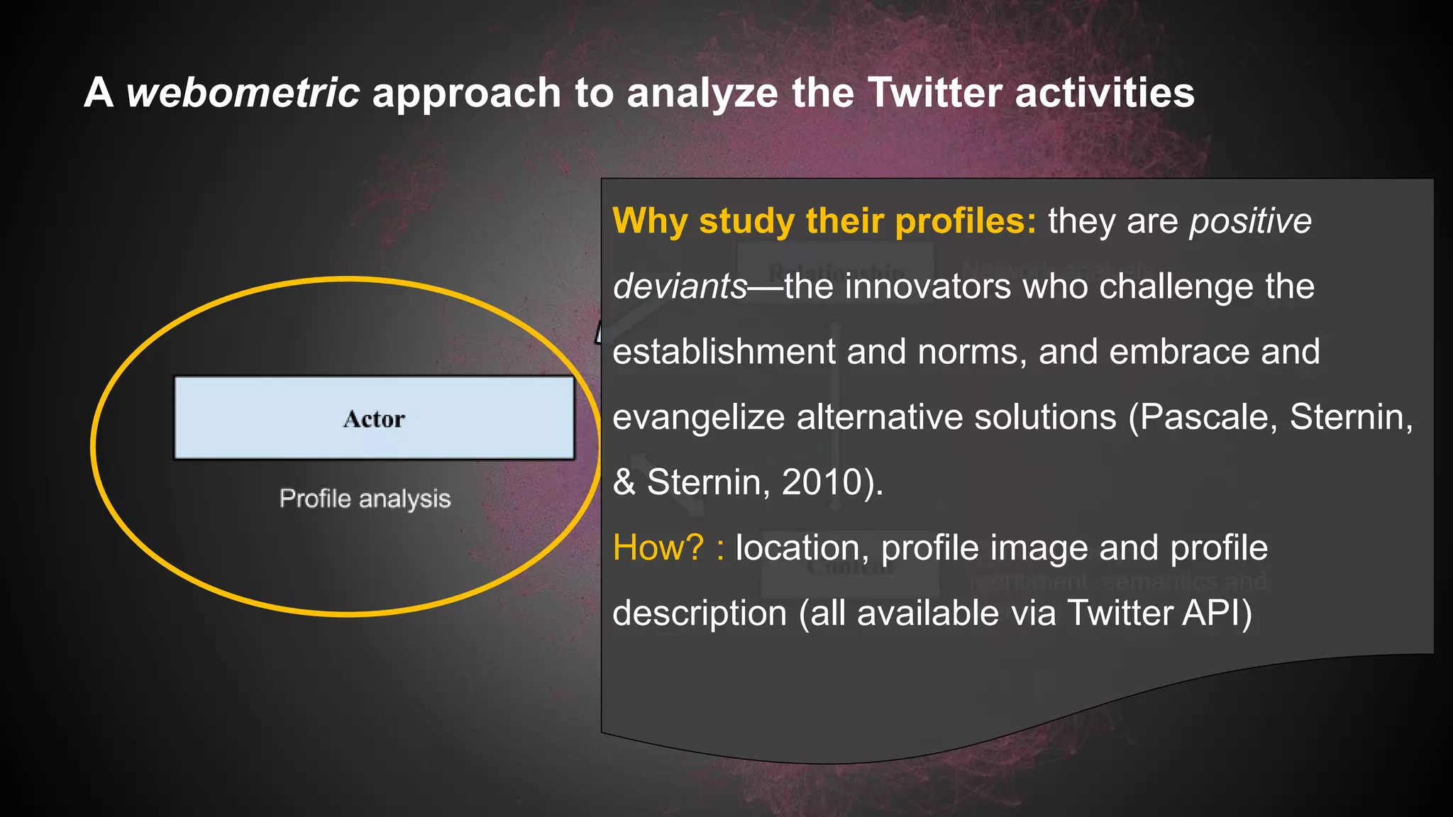A webometric approach to analyze the Twitter activities
Why study their profiles: they are positive
deviants—the innovators who challenge the
establishment and norms, and embrace and
evangelize alternative solutions (Pascale, Sternin,
& Sternin, 2010).
How? : location, profile image and profile
description (all available via Twitter API)
 