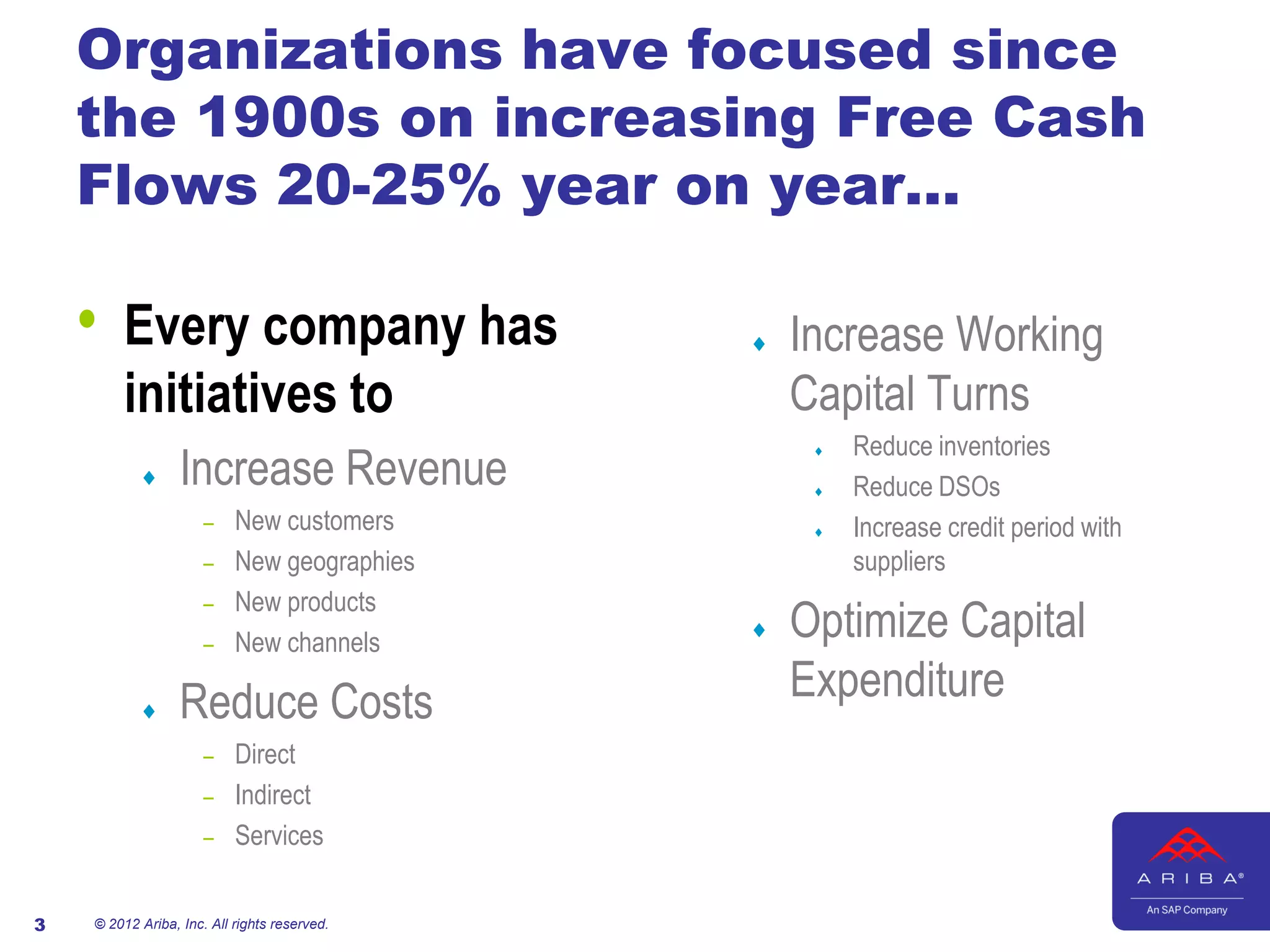 Organizations have focused since
    the 1900s on increasing Free Cash
    Flows 20-25% year on year…

    •   Every company has                        Increase Working
        initiatives to                            Capital Turns
                                                       Reduce inventories
                  Increase Revenue
                                                   

                                                     Reduce DSOs
                      – New customers                 Increase credit period with
                      – New geographies                suppliers
                      – New products
                      – New channels
                                                 Optimize Capital
                 Reduce Costs                    Expenditure
                      – Direct
                      – Indirect
                      – Services


3   © 2012 Ariba, Inc. All rights reserved.
 