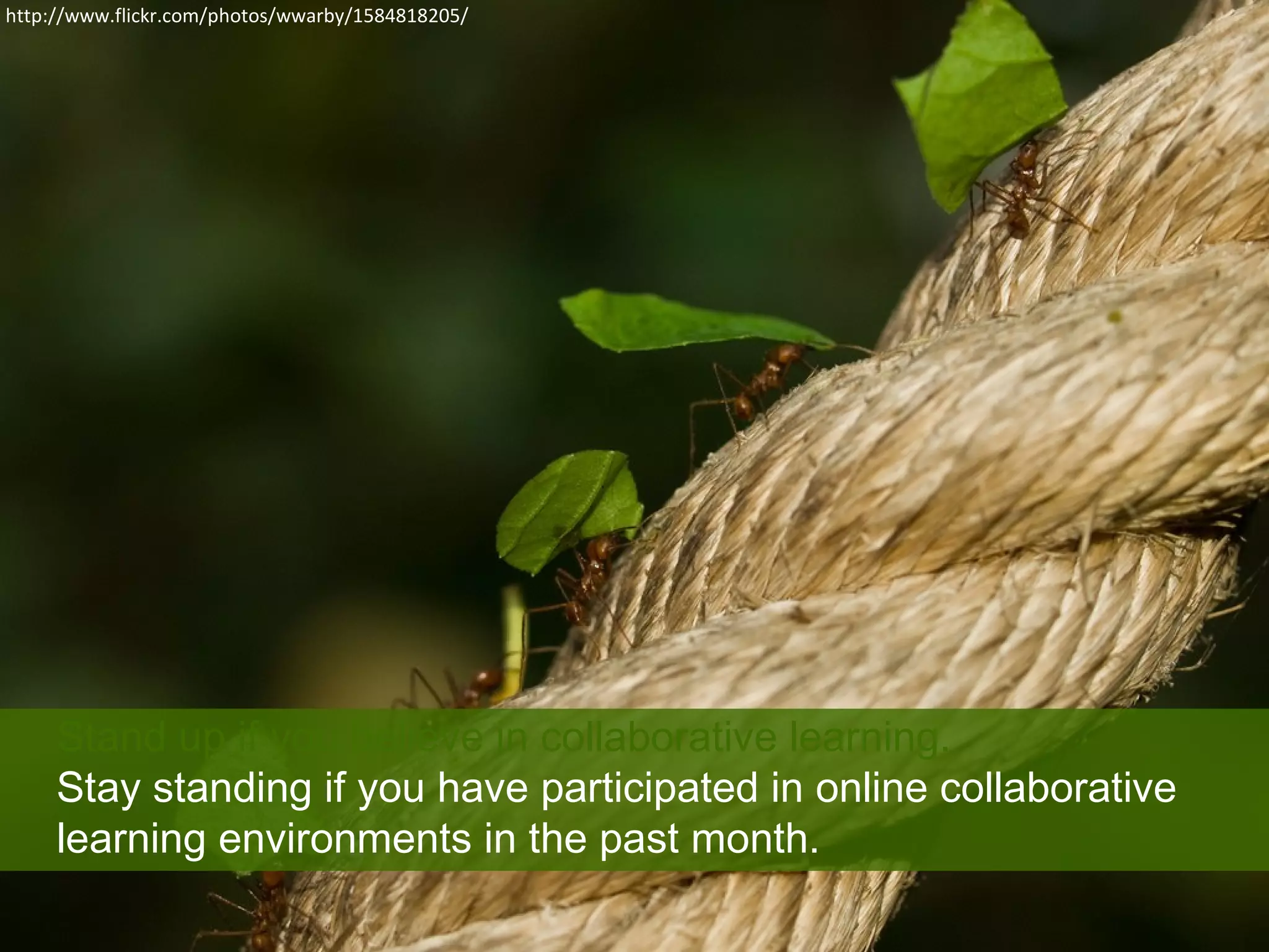 http://www.flickr.com/photos/wwarby/1584818205/




     Stand up if you believe in collaborative learning.
     Stay standing if you have participated in online collaborative
     learning environments in the past month.
 