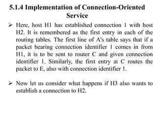 5.1.4 Implementation of Connection-Oriented
Service
➢ Here, host H1 has established connection 1 with host
H2. It is remembered as the first entry in each of the
routing tables. The first line of A's table says that if a
packet bearing connection identifier 1 comes in from
H1, it is to be sent to router C and given connection
identifier 1. Similarly, the first entry at C routes the
packet to E, also with connection identifier 1.
➢ Now let us consider what happens if H3 also wants to
establish a connection to H2.
 