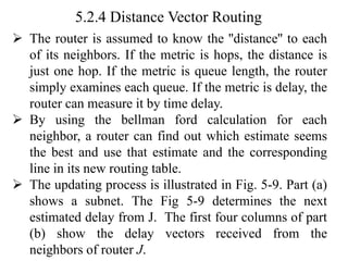 5.2.4 Distance Vector Routing
➢ The router is assumed to know the ''distance'' to each
of its neighbors. If the metric is hops, the distance is
just one hop. If the metric is queue length, the router
simply examines each queue. If the metric is delay, the
router can measure it by time delay.
➢ By using the bellman ford calculation for each
neighbor, a router can find out which estimate seems
the best and use that estimate and the corresponding
line in its new routing table.
➢ The updating process is illustrated in Fig. 5-9. Part (a)
shows a subnet. The Fig 5-9 determines the next
estimated delay from J. The first four columns of part
(b) show the delay vectors received from the
neighbors of router J.
 