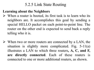 5.2.5 Link State Routing
Learning about the Neighbors
➢ When a router is booted, its first task is to learn who its
neighbors are. It accomplishes this goal by sending a
special HELLO packet on each point-to-point line. The
router on the other end is expected to send back a reply
telling who it is.
➢ When two or more routers are connected by a LAN, the
situation is slightly more complicated. Fig. 5-11(a)
illustrates a LAN to which three routers, A, C, and F,
are directly connected. Each of these routers is
connected to one or more additional routers, as shown.
 
