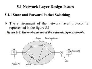 5.1 Network Layer Design Issues
5.1.1 Store-and-Forward Packet Switching
➢ The environment of the network layer protocol is
represented in the figure 5.1.
 