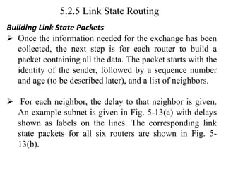 5.2.5 Link State Routing
Building Link State Packets
➢ Once the information needed for the exchange has been
collected, the next step is for each router to build a
packet containing all the data. The packet starts with the
identity of the sender, followed by a sequence number
and age (to be described later), and a list of neighbors.
➢ For each neighbor, the delay to that neighbor is given.
An example subnet is given in Fig. 5-13(a) with delays
shown as labels on the lines. The corresponding link
state packets for all six routers are shown in Fig. 5-
13(b).
 