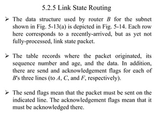 5.2.5 Link State Routing
➢ The data structure used by router B for the subnet
shown in Fig. 5-13(a) is depicted in Fig. 5-14. Each row
here corresponds to a recently-arrived, but as yet not
fully-processed, link state packet.
➢ The table records where the packet originated, its
sequence number and age, and the data. In addition,
there are send and acknowledgement flags for each of
B's three lines (to A, C, and F, respectively).
➢ The send flags mean that the packet must be sent on the
indicated line. The acknowledgement flags mean that it
must be acknowledged there.
 
