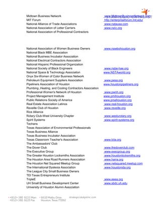 Midtown Business Network                                 www.MidtownBusinessNetwork.com
MIT Forum                                                http://enterpriseforum.mit.edu/
National Alliance of Trade Associations                  www.natausa.com
National Association of Letter Carriers                  www.nac.org
National Association of Professional Contractors




National Association of Women Business Owners            www.nawbohouston.org
National Black MBE Association
National Business Incubator Association
National Electrical Contractors Association
National Hispanic Professional Organization
National Society of Black Engineers                      www.nsbe-hae.org
National Space & Technology Association                  www.NSTAworld.org
Onyx Six-Women of Color Business Network
Petroleum Equipment Suppliers Association                www.pesa.org
Pipeliners Association of Houston                        www.houstonpipeliners.org
Plumbing ,Heating, and Cooling Contractors Association
Professional Women's Network of Houston                  www.pwnh.org
Project Management Institute                             www.pmihouston.org
Public Relations Society of America                      www.prsahouston.org
Real Estate Association Latinos                          www.real-houston.org
Reveille Club of Houston                                 www.reveille.org
Rice Alliance
Rotary Club-West University Chapter                      www.westurotary.org
Spirit Systems                                           www.spirit-systems.org
Techans
Texas Association of Environmental Professionals
Texas Business Alliance
Texas Business Incubator Association
Texas Classroom Teacher's Association                    www.tcta.org
The Ambassadors' Club
The Dover Club                                           www.thedoverclub.com
The Executive Group                                      www.execgroup.org
The Greater Houston Locksmiths Association               www.houstonlocksmiths.org
The Houston Area Road Runners Association                www.harra.org
The Houston Net Squared Meetup Group                     www.netsquared.meetup.com
The International Dyslexia Association                   www.houstonida.org
The League City Small Business Owners
TEI Texas Entrepreneurs Institute
TripleE                                                  www.eeea.org
UH Small Business Development Center                     www.sbdc.uh.edu
University of Houston Alumni Association
 