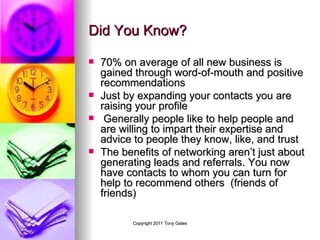 Did You Know? 70% on average of all new business is gained through word-of-mouth and positive recommendations Just by expanding your contacts you are raising your profile Generally people like to help people and are willing to impart their expertise and advice to people they know, like, and trust The benefits of networking aren’t just about generating leads and referrals. You now have contacts to whom you can turn for help to recommend others  (friends of friends) 
